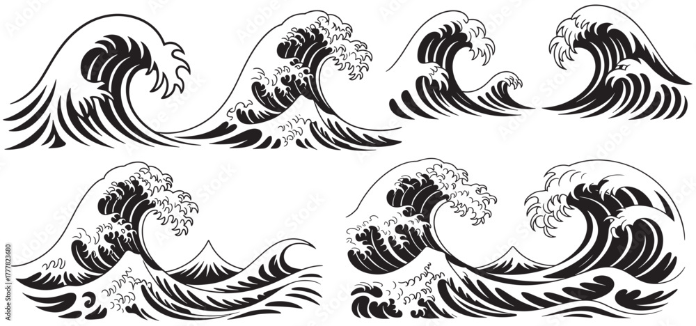 Fototapeta premium Sea waves set. Storm wave, vintage tide and ocean beach storms hand drawn vector illustration isolated on white background
