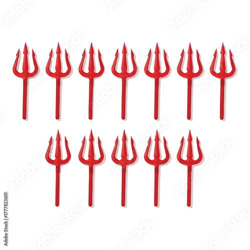 Eleven Red Devil Tridents Isolated on White Background for Halloween Decoration