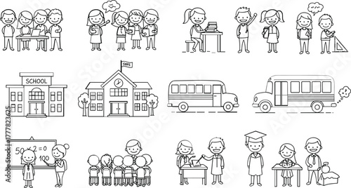 Collection of cartoon school scenes with children teachers and buildings education students