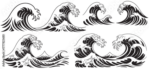 Sea waves set. Storm wave, vintage tide and ocean beach storms hand drawn vector illustration isolated on white background