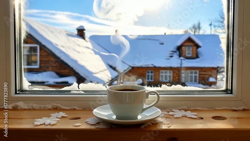 Cozy Winter Scene Steaming Coffee by Snowy Window