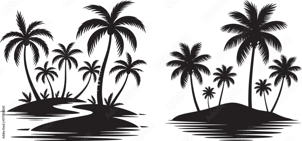 Fototapeta premium palm trees silhouette set, tropical coconut, palm tree in beach. vector illustrator