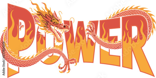 Fire Dragon Power Typography Vector: Chinese Mythical Creature and Flame Text Design