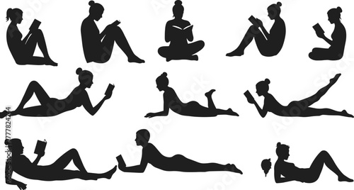 Reading silhouette, relaxing poses, book lover, leisure activity, sitting and lying down, lifestyle illustration, cozy posture, education, black figure, minimal art