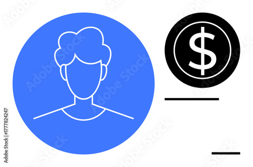 Profile head inside blue circle paired with dollar sign. Ideal for financial identity, online profile, payment, account management, salary, e-commerce, simple flat metaphor