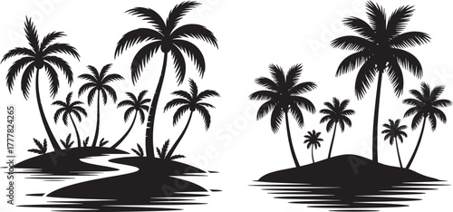 palm trees silhouette set, tropical coconut, palm tree in beach. vector illustrator