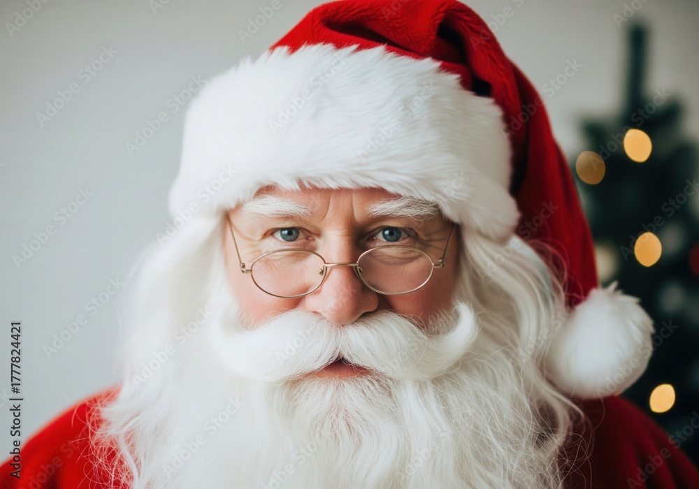 Naklejka premium Close-Up Portrait of Santa Claus With White Beard and Cozy Hat for Christmas Time
