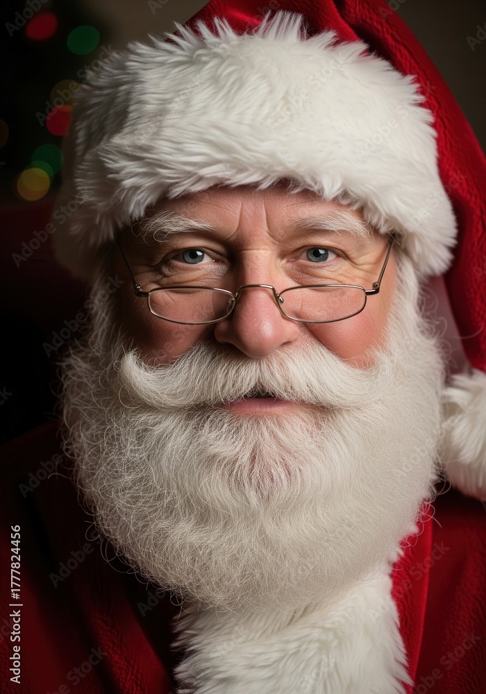 Naklejka premium Close-Up Portrait of Santa Claus With White Beard and Cozy Hat for Christmas Time