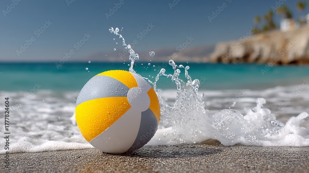 Obraz premium Beach ball is floating in the ocean, with water splashing around it. The ball is yellow and gray, and it is a fun and playful object