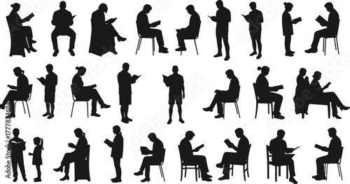 Diverse people silhouettes reading books in various seated and standing poses sitting