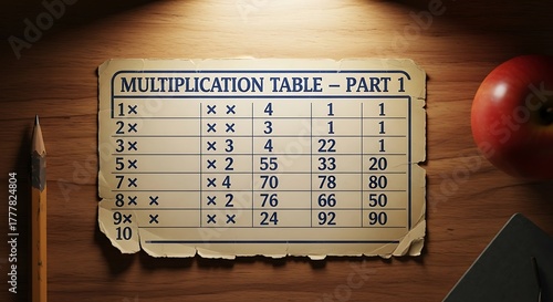 Vintage Multiplication Table Part 1 on Wooden Surface with Apple and Pencil.
