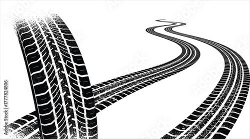 Dynamic tire tracks a visual representation of vehicle movement and direction, showcasing the path and impact of tires on a surface isolated on white background