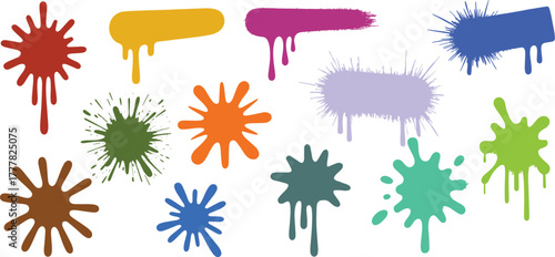 Colorful Paint splatter set. Round splash flat collection, decorative shapes liquids. Different splashes and drops, vector illustration