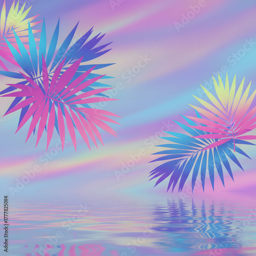 Vibrant Tropical Leaves with Reflections on Colorful Background