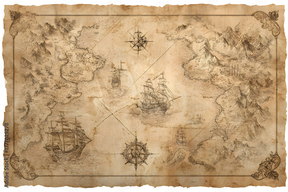 Fototapeta premium Intricately detailed ancient treasure map on aged parchment with historic ships