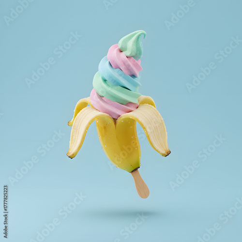 Colorful Ice Cream Cone with Banana Base and Swirled Toppings