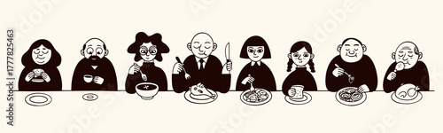 Various people enjoying dinner. Different delicious meal, dish, drink. Burger, coffee, soup, fish, pasta, toast, chicken. Hand drawn Vector illustration. Healthy diet, meal planning, calories concept