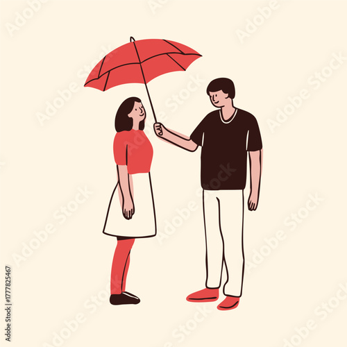 Happy young couple. Man holding red umbrella over woman. Cute characters. Hand drawn Vector illustration. Isolated design element. Love, care, happiness, romance, friendship concept