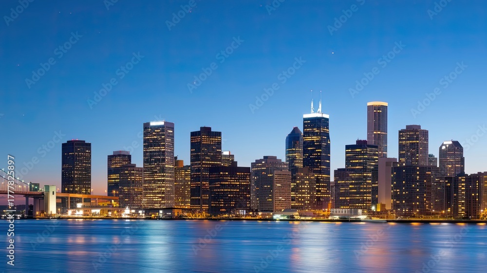 Obraz premium Modern city skyline at night with glowing lights and reflections over calm water, showcasing stunning urban architecture and skyscrapers under a clear twilight sky