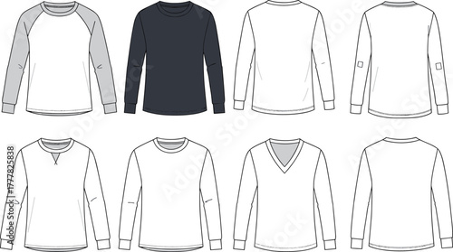 Eight long sleeve t shirt flat sketches front and back views fashion design apparel