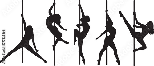 Silhouettes of pole dancers performing various poses, illustrations for fitness, striptease in various poses. Exotic dance. Vector illustration
