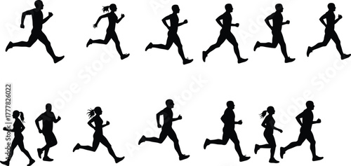 Running silhouettes, athletic motion, fitness teamwork, male and female runners, jogging group, outdoor exercise, dynamic movement, sports training, healthy lifestyle, race preparation