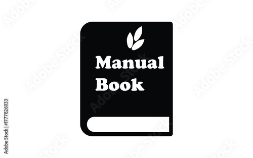 Black silhouette of a manual book with a leaf symbol and text isolated on white background