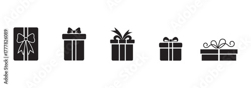 Gift Box Icon Set. A collection of simple black gift box icons with ribbon bows. Perfect for holiday designs, celebrations, e-commerce, and UI elements. High-quality vector illustration.
