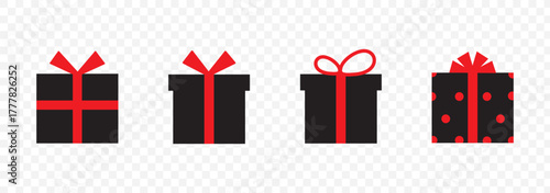Gift boxes icons set. Collection of black gift boxes with ribbon bow on white background. Holiday presents. Vector illustration.
