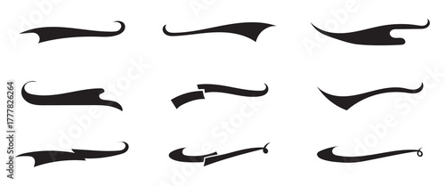 Vector black sport tails. Swoosh silhouette elements for baseball, football or athletics lettering. Baseball swoosh text tails. Sports underline curly shapes set. Swirl lines, swish or swash shapes