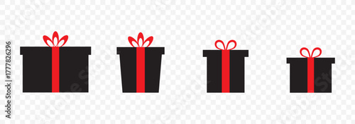 Gift boxes icons set. Collection of black gift boxes with ribbon bow on white background. Holiday presents. Vector illustration.