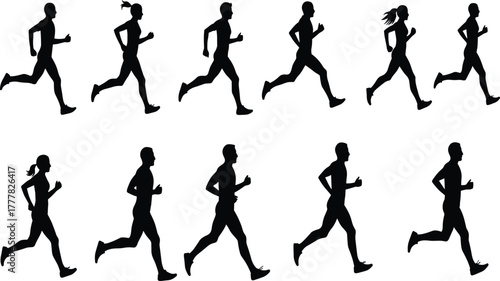 Running silhouettes, athletic motion, human stride, dynamic movement, sports illustration, jogging figures, fitness icons, black silhouettes, animation reference, vector art