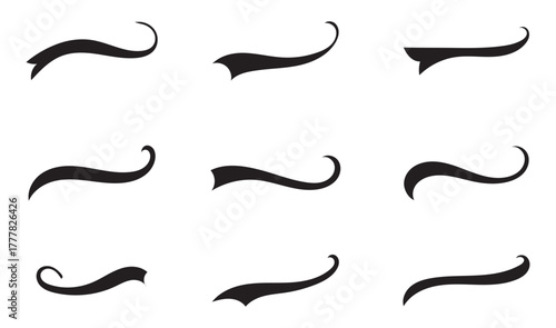 Swoosh and swash tails collection. Swooshes text tail for baseball design. Sports swash underline shapes set in retro style. Swish typography font element for athletics, baseball, football