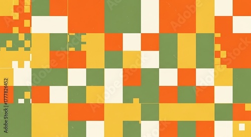 Retro Geometric Pattern with Warm Colors and Pixelated Elements.