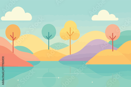 A serene landscape with rolling hills, trees, and a tranquil lake view