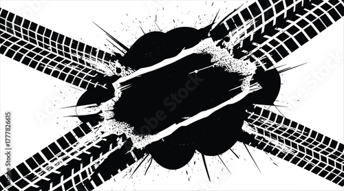 Abstract tire tracks isolated on white background, intersecting with a central black splash, creating a dynamic and edgy visual for automotive, racing, or industrial themes
