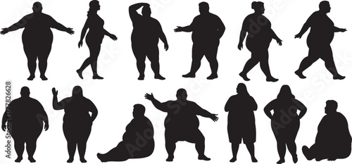 Fat Man Silhouette Vector Set. over weight lady, over weight man , silhouettes vector set