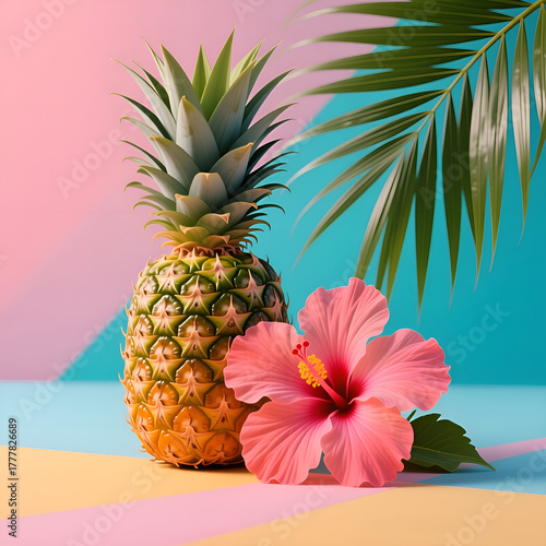 A vibrant design of a tropical pineapple fruit, red hibiscus flower and green palm leaves on pink and Transformative Teal modern background.