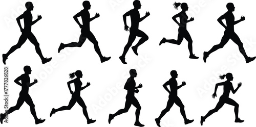 Running silhouettes, athletic motion, human stride, jogging sequence, fitness illustration, dynamic pose, sports activity, black figures, profile runners, movement study