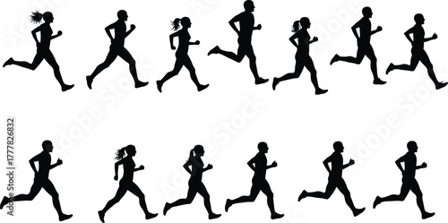 Running silhouettes, athletic motion, human biomechanics, stride phases, sports training, dynamic movement, fitness illustration, animation reference, track runners, sprint poses