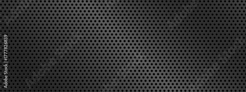 Black dot with hole and metal for mesh or woven. Fabric abstract with pattern and shape and black. Dot with hole and circle for design or grid, geometric with iron and effect for seamless or vector.