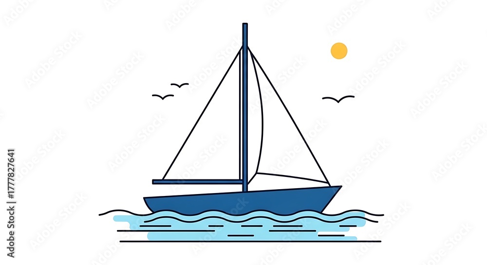 Fototapeta premium Minimalist Blue Sailboat on Water with Sun and Birds.