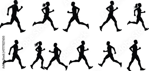 Running silhouettes, male and female runners, stride motion, athletic posture, sports biomechanics, fitness training, jogging, marathon, sprint, exercise, movement