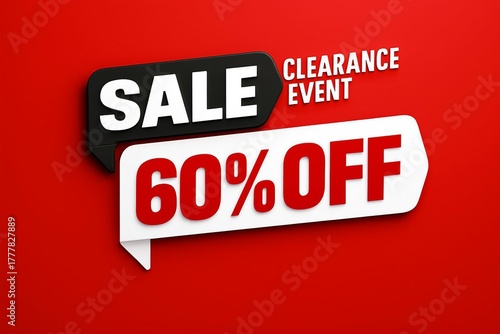 Bold and bright clearance sale announcement with sixty percent off discount offer on a vibrant red background