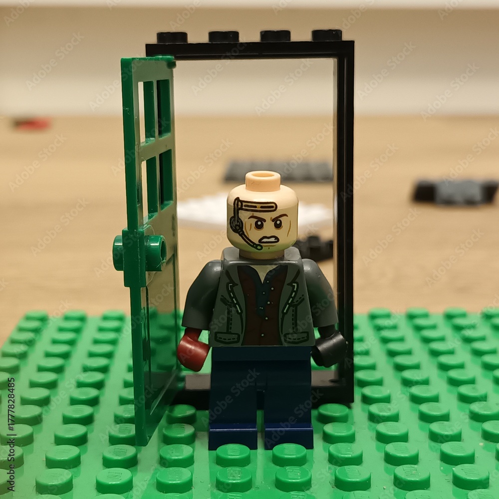 Naklejka premium Lego Man in a Doorway Anger and Construction
