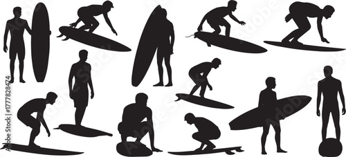 Surfer Silhouette, set of Surfing silhouette, surf silhouettes in different views. vector illustrator