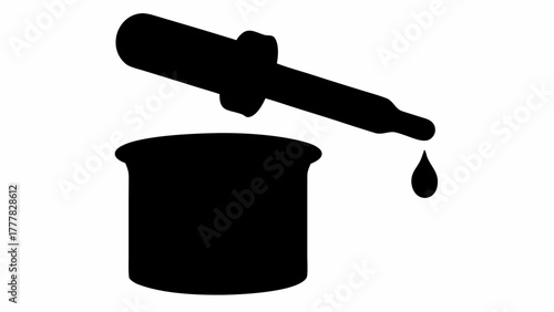 Illustration of a dropper dispensing a liquid drop into a container in black and white style