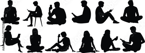 People sitting in different poses silhouettes set vector illustration