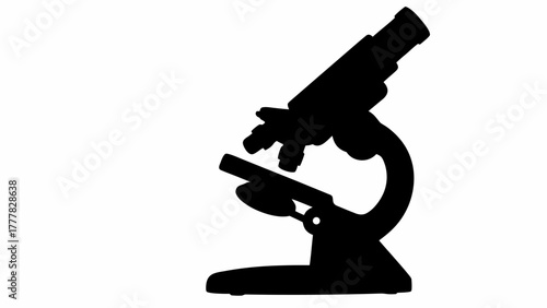 Silhouette of a compound microscope with eyepiece lens and stage on a white background for science