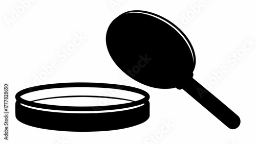 Black silhouette of a round mirror and a shallow dish on a white background in simple illustration